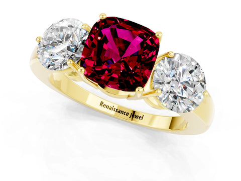Yellow gold Cushion Cut Garnet Three-Stone Ring with Prong Setting and Classic Band_1