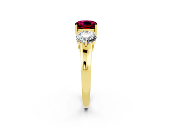 Yellow gold Cushion Cut Garnet Three-Stone Ring with Prong Setting and Classic Band