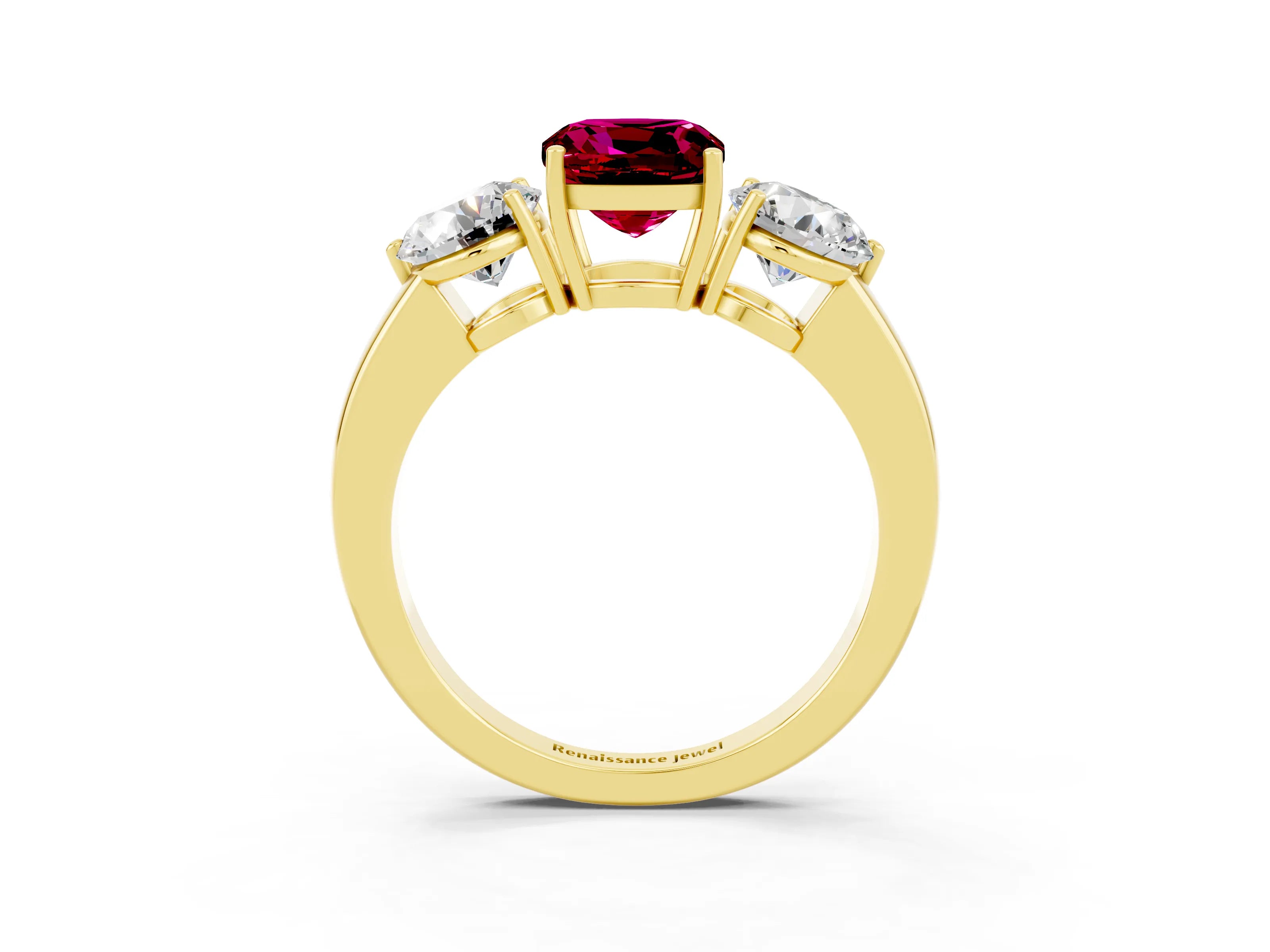 Yellow gold Cushion Cut Garnet Three-Stone Ring with Prong Setting and Classic Band_3