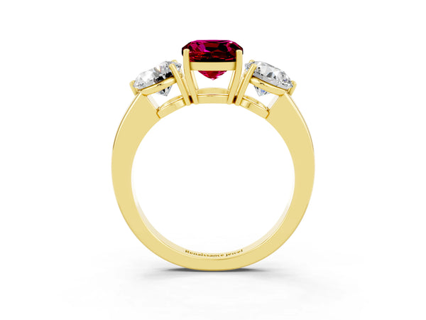 Yellow gold Cushion Cut Garnet Three-Stone Ring with Prong Setting and Classic Band
