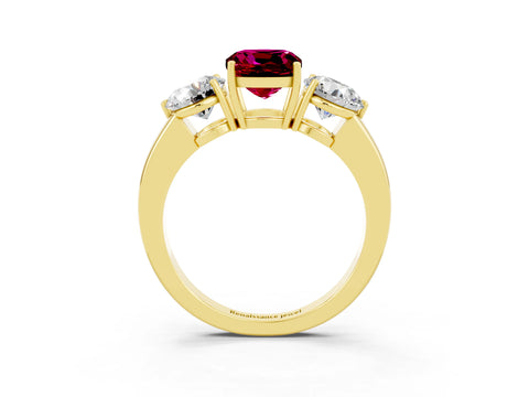 Yellow gold Cushion Cut Garnet Three-Stone Ring with Prong Setting and Classic Band_3