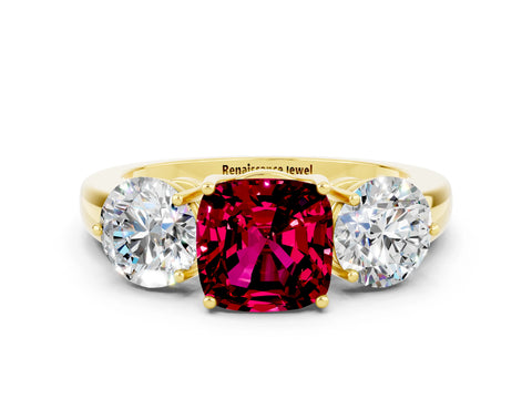 Yellow gold Cushion Cut Garnet Three-Stone Ring with Prong Setting and Classic Band