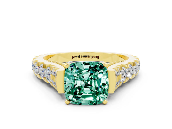 Yellow gold Cushion Cut Green Sapphire Classic Solitaire Ring with Pavé Band and Four-Prong Setting