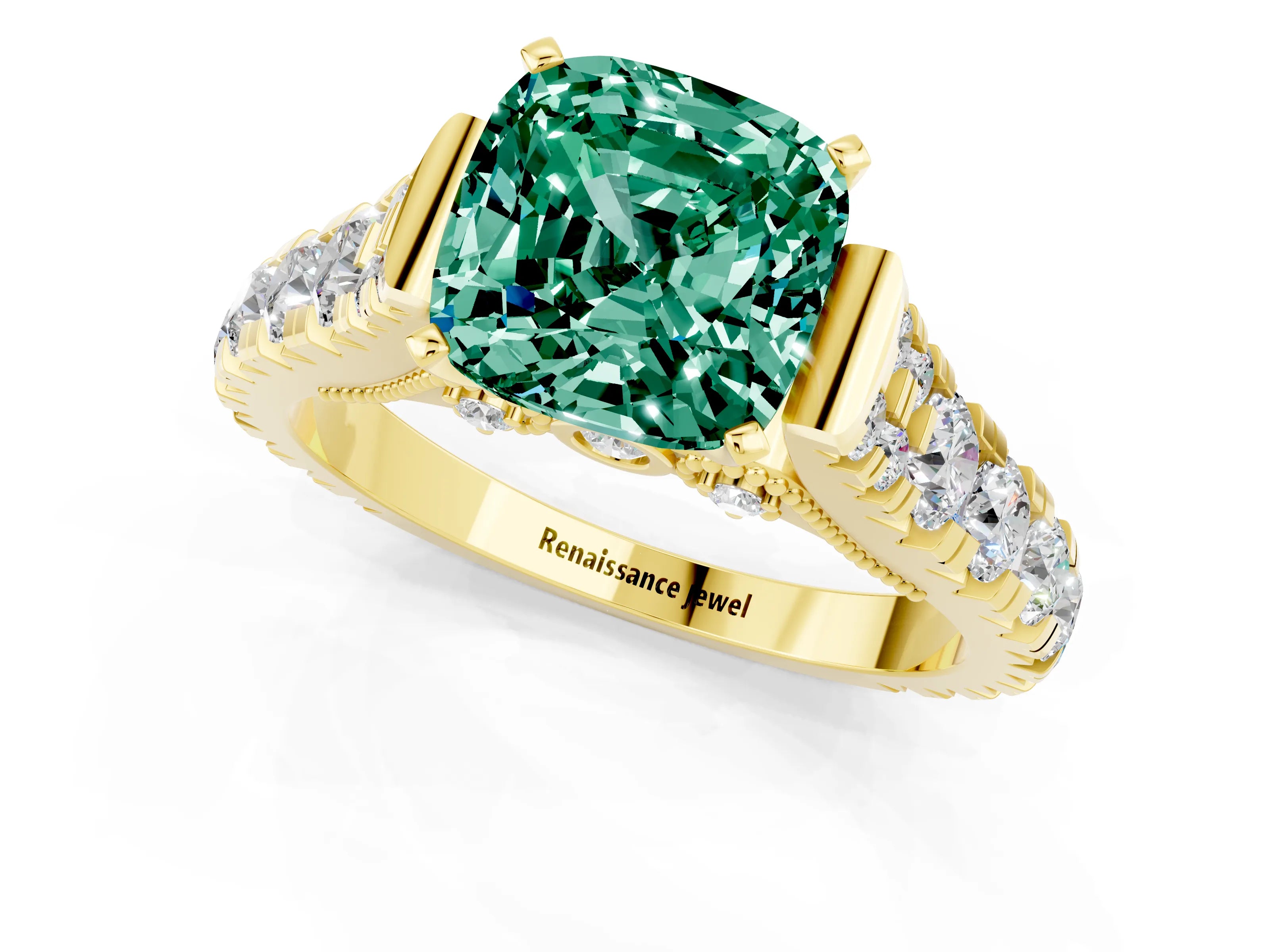Yellow gold Cushion Cut Green Sapphire Classic Solitaire Ring with Pavé Band and Four-Prong Setting_1