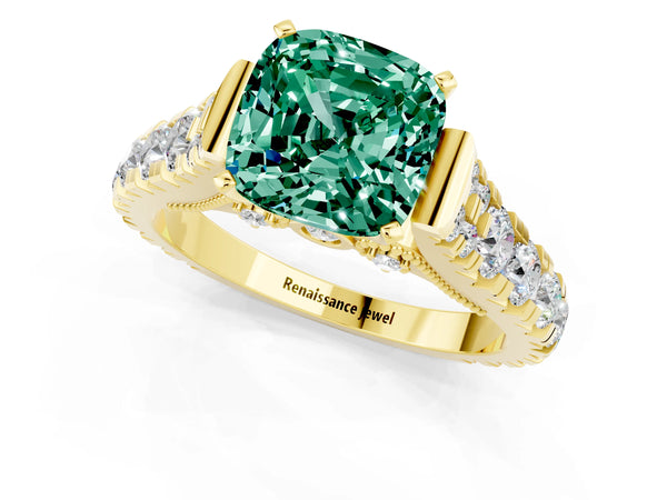 Yellow gold Cushion Cut Green Sapphire Classic Solitaire Ring with Pavé Band and Four-Prong Setting