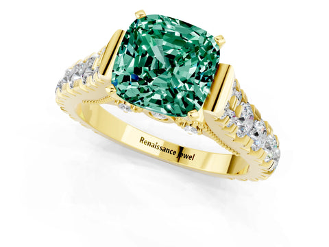Yellow gold Cushion Cut Green Sapphire Classic Solitaire Ring with Pavé Band and Four-Prong Setting_1