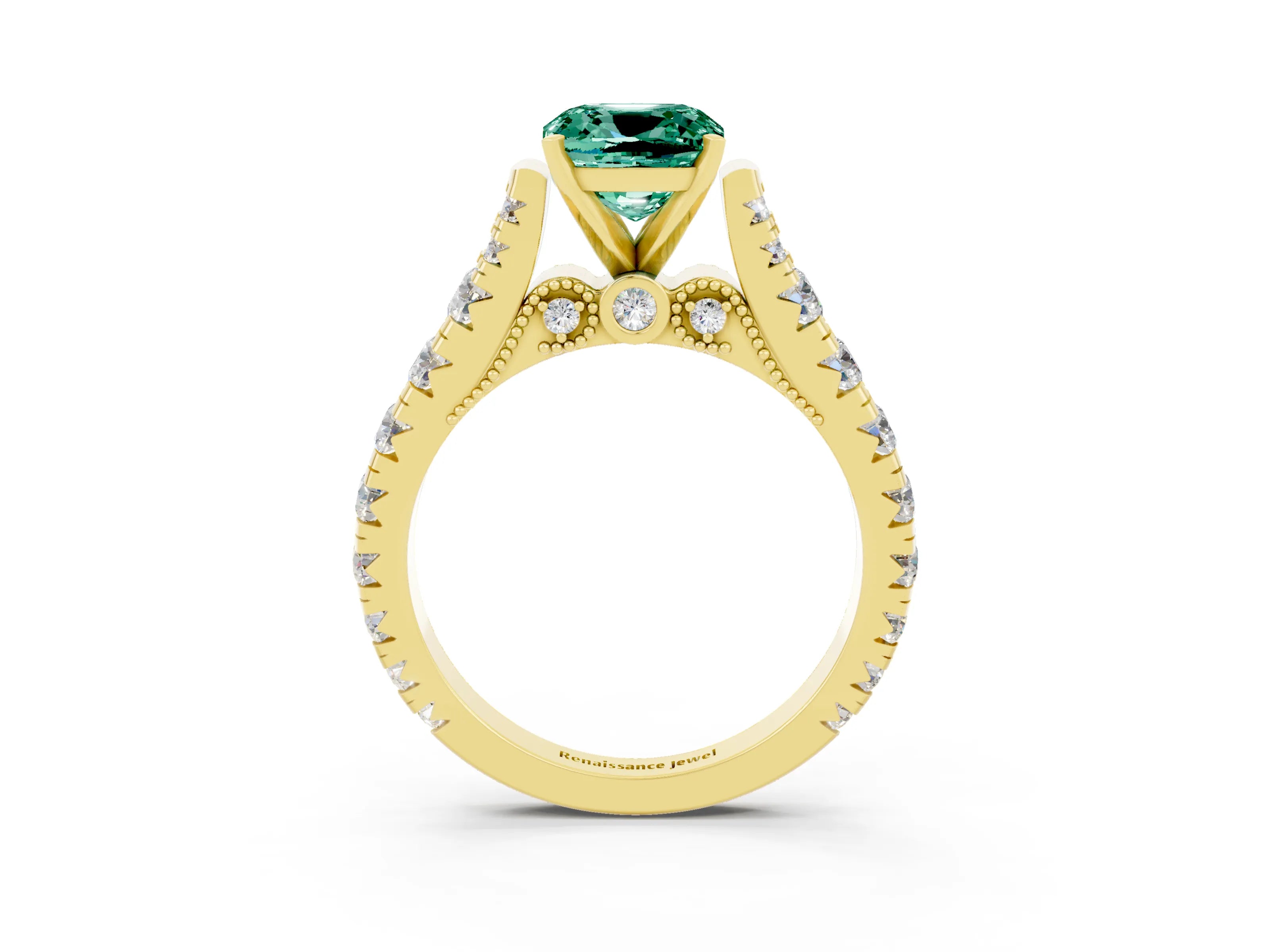 Yellow gold Cushion Cut Green Sapphire Classic Solitaire Ring with Pavé Band and Four-Prong Setting_3