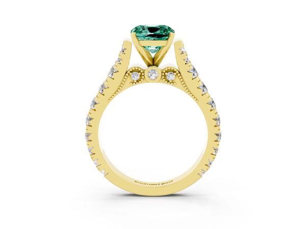 Yellow gold Cushion Cut Green Sapphire Classic Solitaire Ring with Pavé Band and Four-Prong Setting