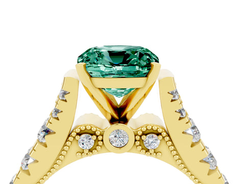 Yellow gold Cushion Cut Green Sapphire Classic Solitaire Ring with Pavé Band and Four-Prong Setting_4