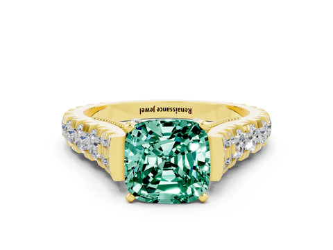 Yellow gold Cushion Cut Green Sapphire Classic Solitaire Ring with Pavé Band and Four-Prong Setting