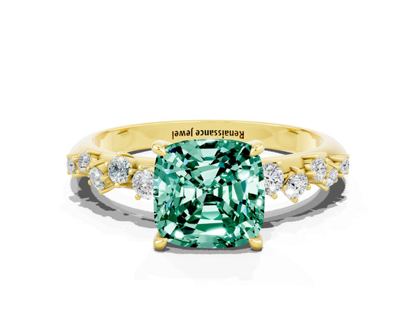 Yellow gold Cushion Cut Green Sapphire Cluster Side Stone Solitaire Ring with Prong Setting