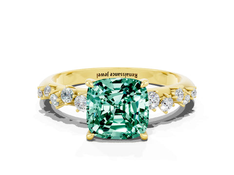 Yellow gold Cushion Cut Green Sapphire Cluster Side Stone Solitaire Ring with Prong Setting_24