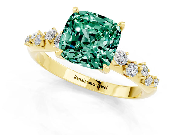Yellow gold Cushion Cut Green Sapphire Cluster Side Stone Solitaire Ring with Prong Setting