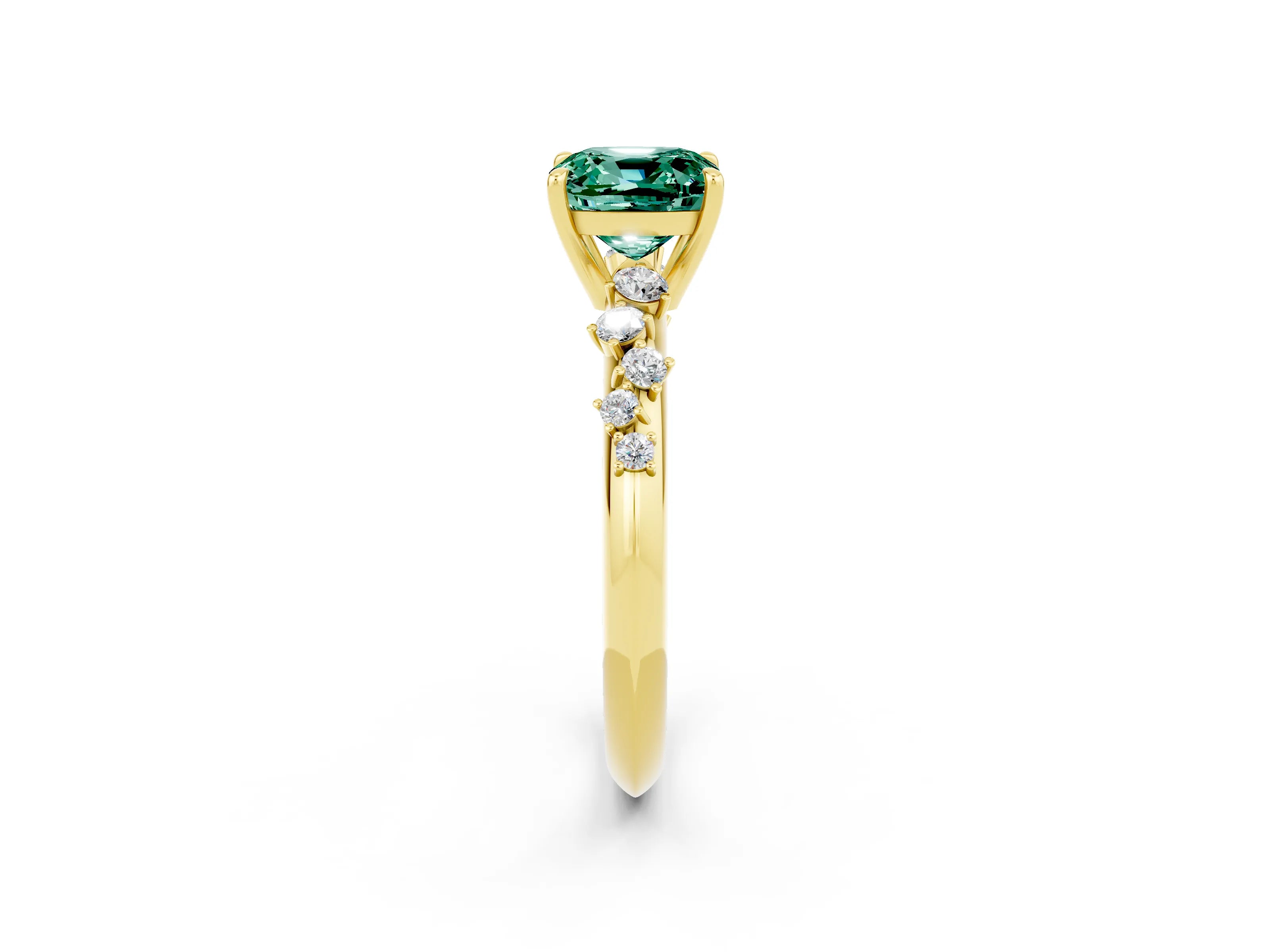 Yellow gold Cushion Cut Green Sapphire Cluster Side Stone Solitaire Ring with Prong Setting_26
