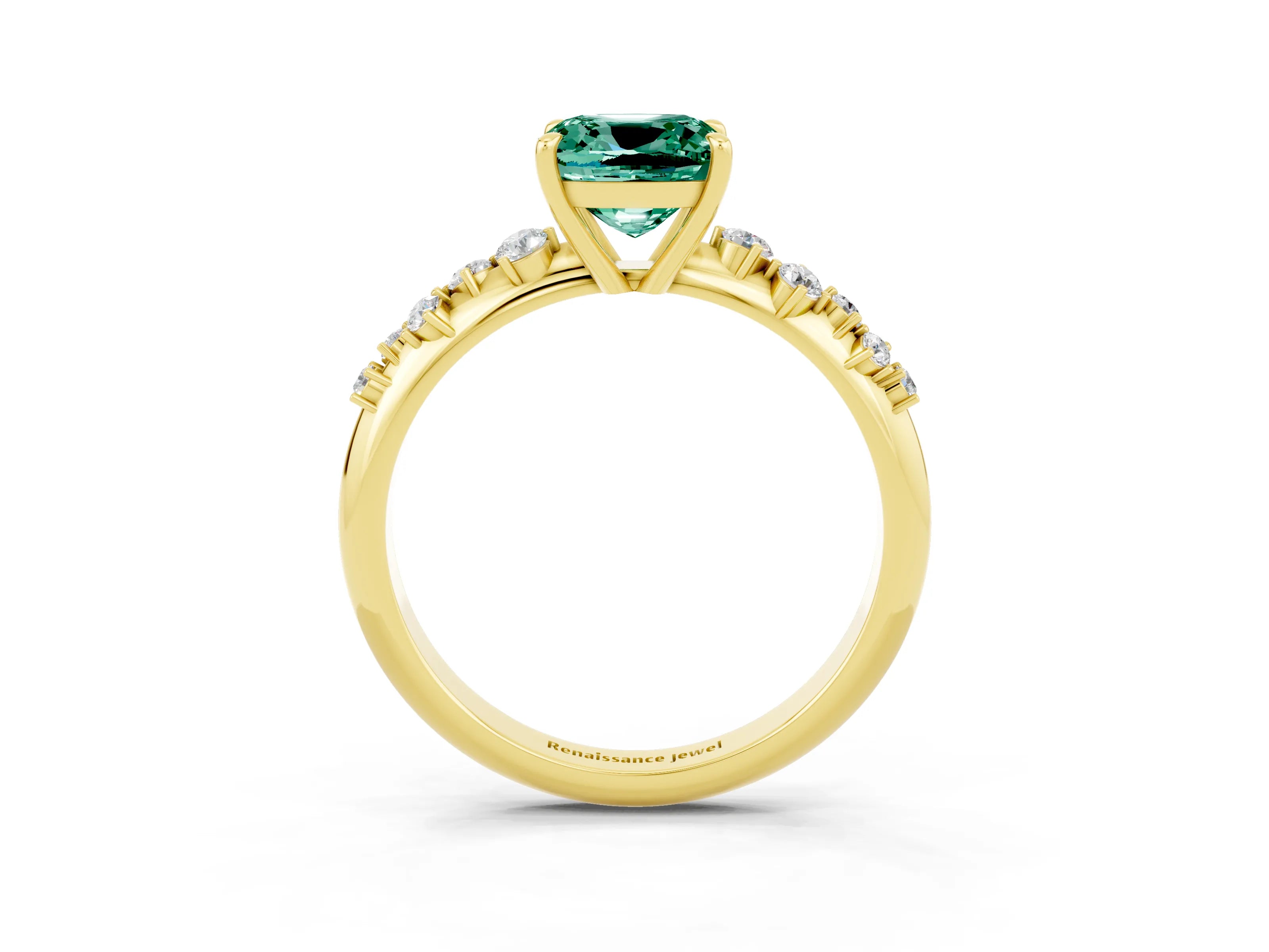 Yellow gold Cushion Cut Green Sapphire Cluster Side Stone Solitaire Ring with Prong Setting_27