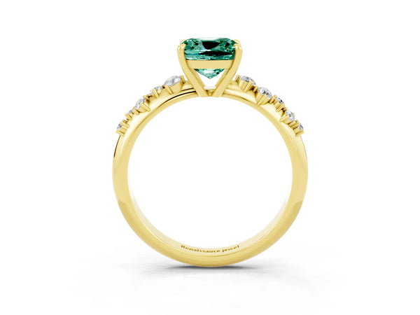 Yellow gold Cushion Cut Green Sapphire Cluster Side Stone Solitaire Ring with Prong Setting