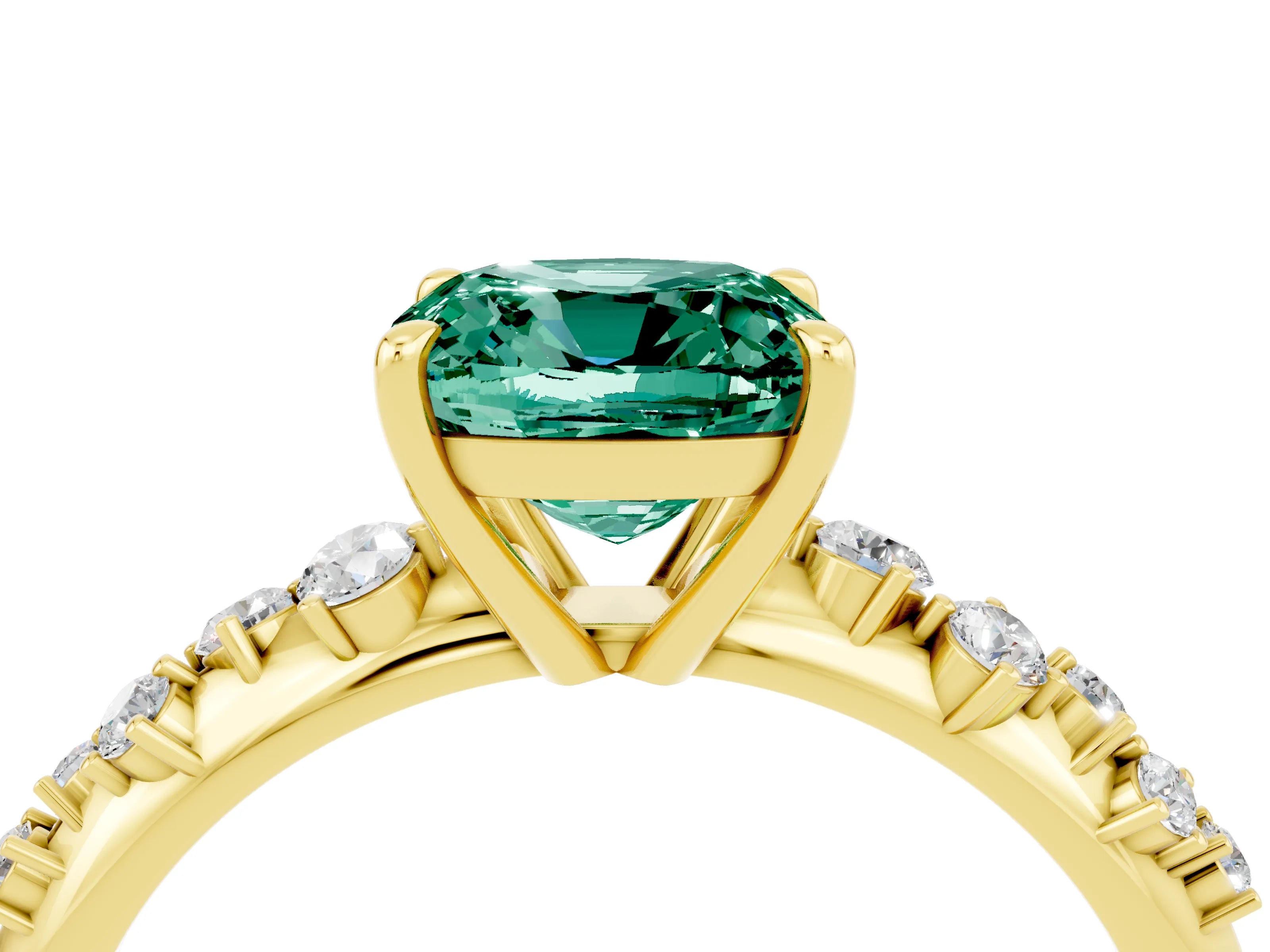 Yellow gold Cushion Cut Green Sapphire Cluster Side Stone Solitaire Ring with Prong Setting_28