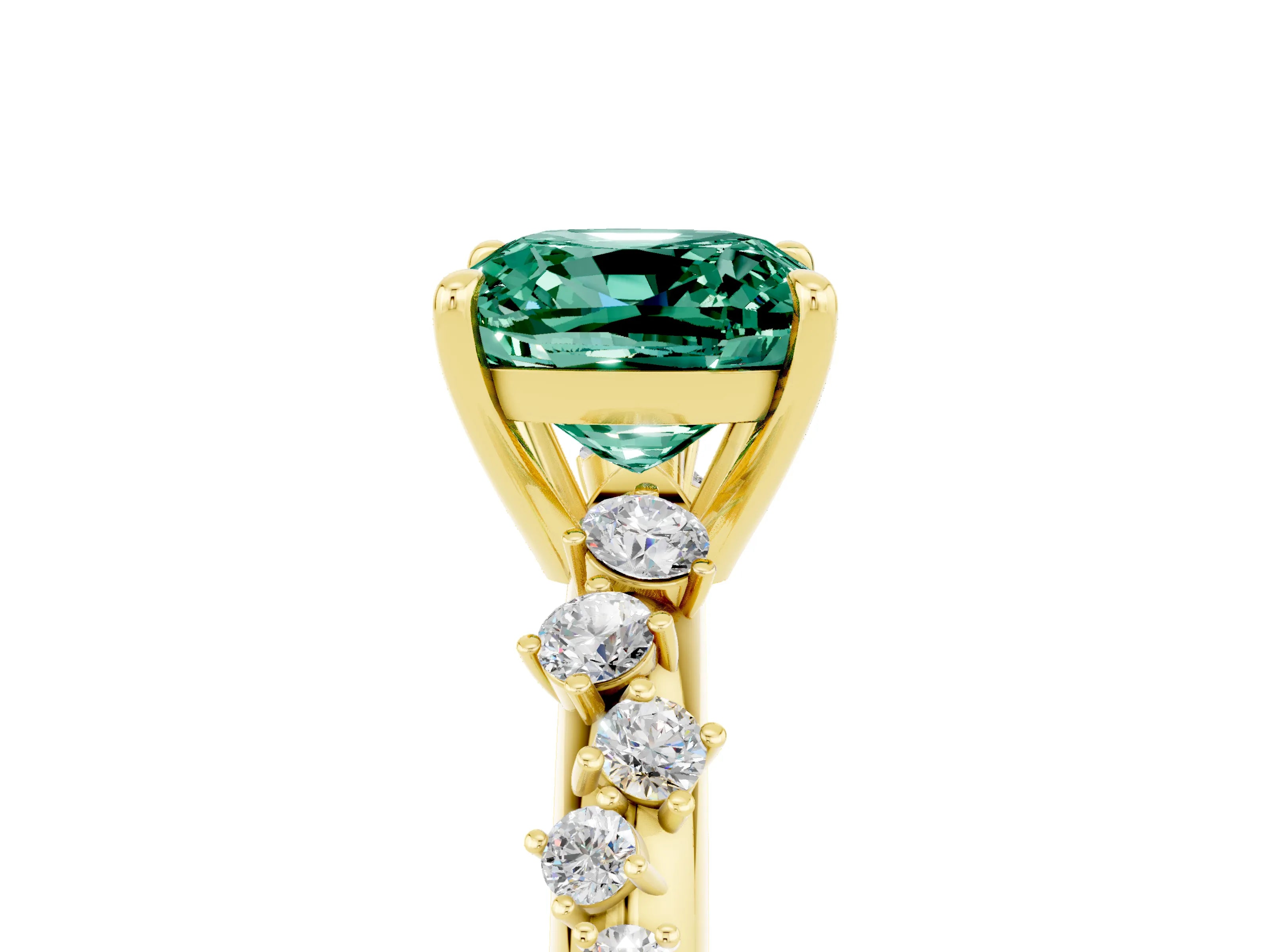 Yellow gold Cushion Cut Green Sapphire Cluster Side Stone Solitaire Ring with Prong Setting_29