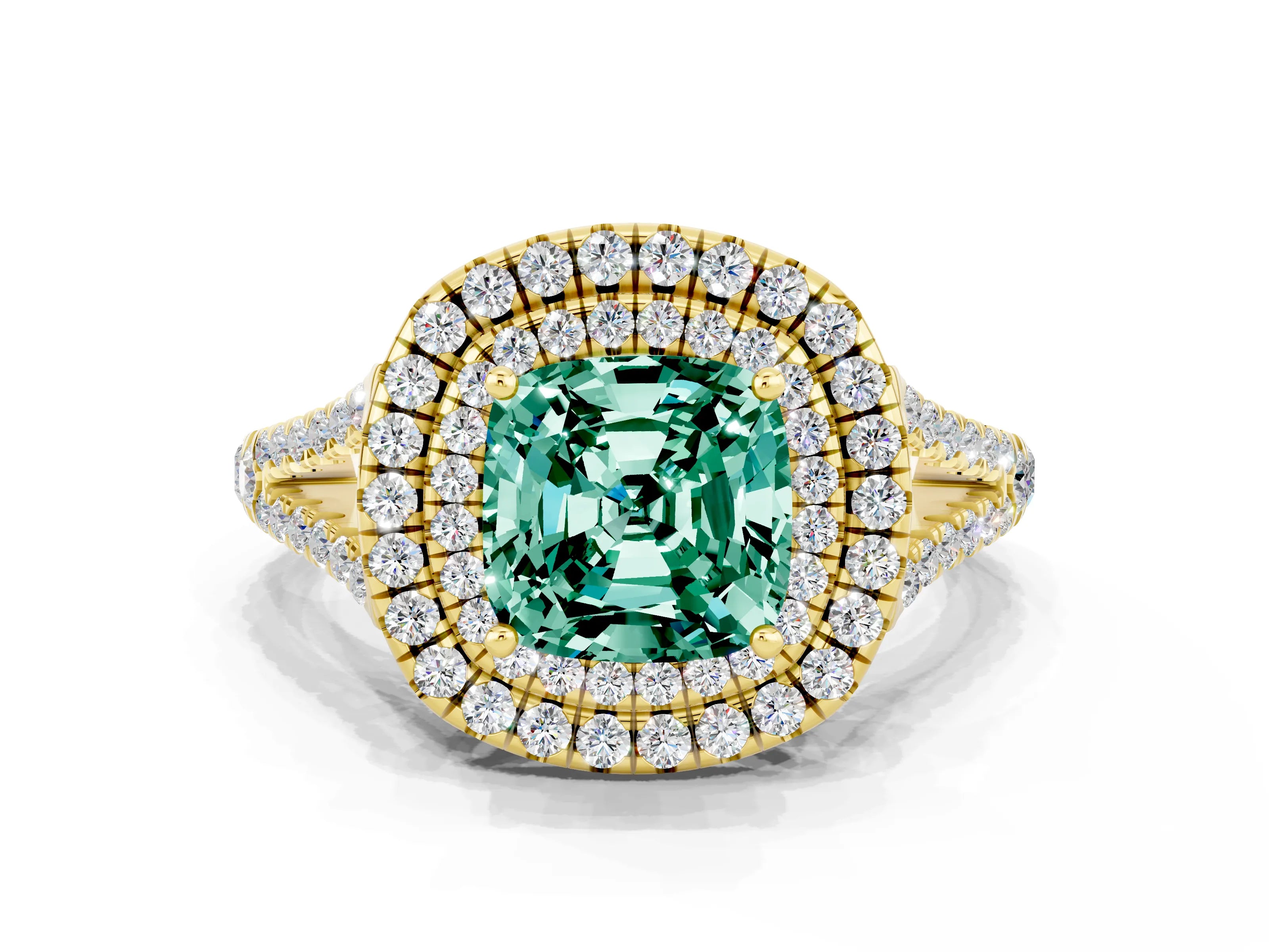 Yellow gold Cushion Cut Green Sapphire Double Halo Ring with Pavé Band and Prong Setting_12