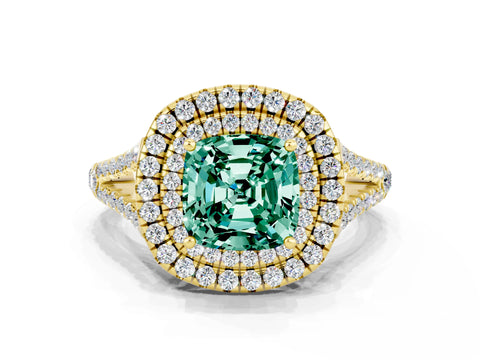 Yellow gold Cushion Cut Green Sapphire Double Halo Ring with Pavé Band and Prong Setting_12