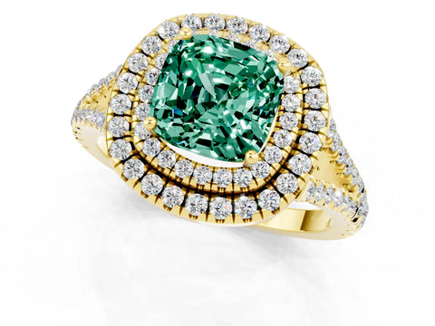 Yellow gold Cushion Cut Green Sapphire Double Halo Ring with Pavé Band and Prong Setting_13