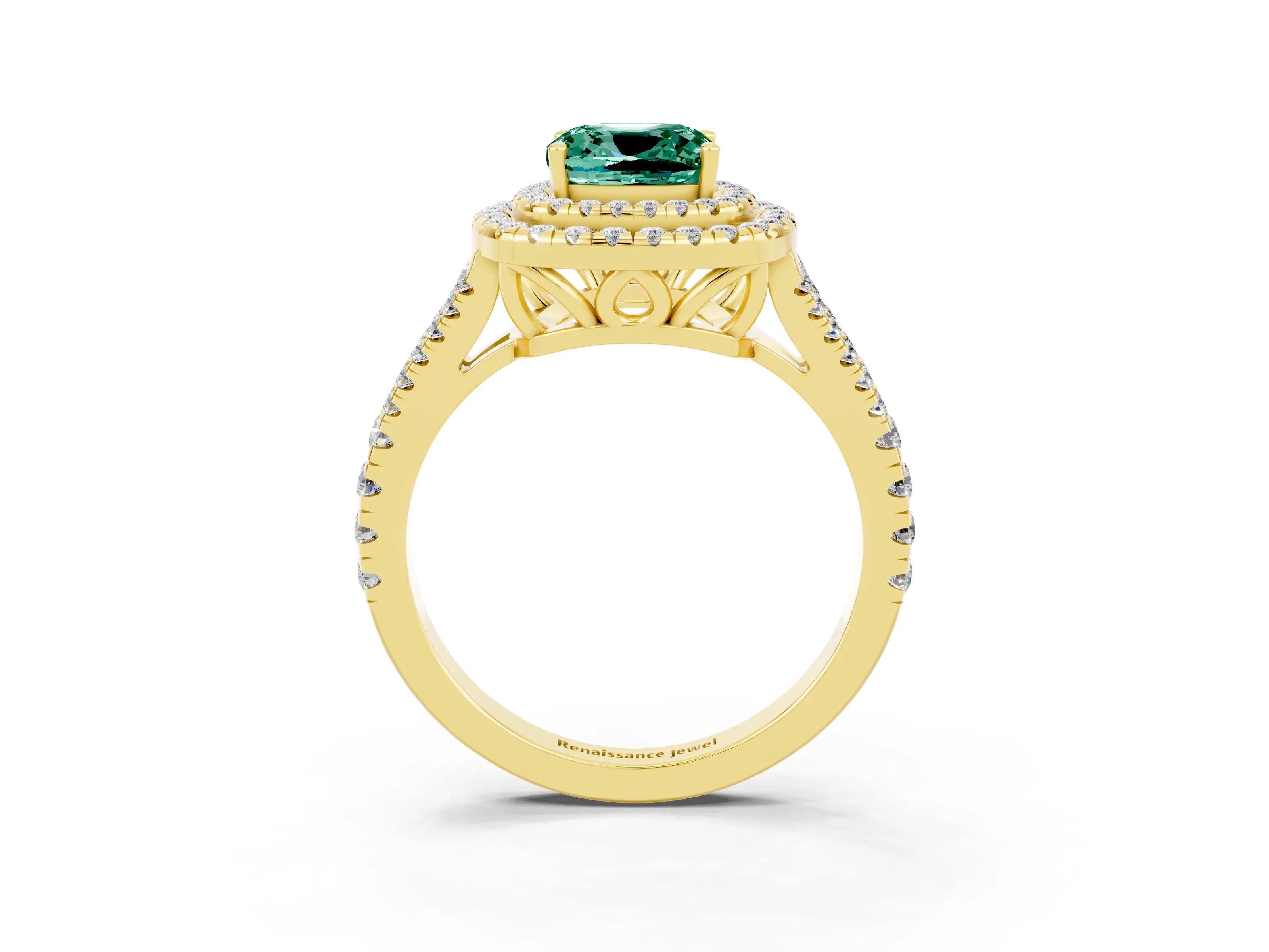 Yellow gold Cushion Cut Green Sapphire Double Halo Ring with Pavé Band and Prong Setting_15