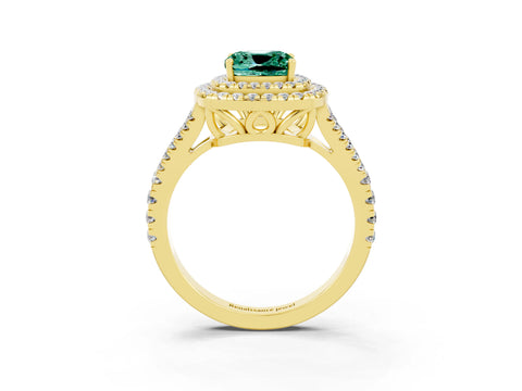 Yellow gold Cushion Cut Green Sapphire Double Halo Ring with Pavé Band and Prong Setting_15