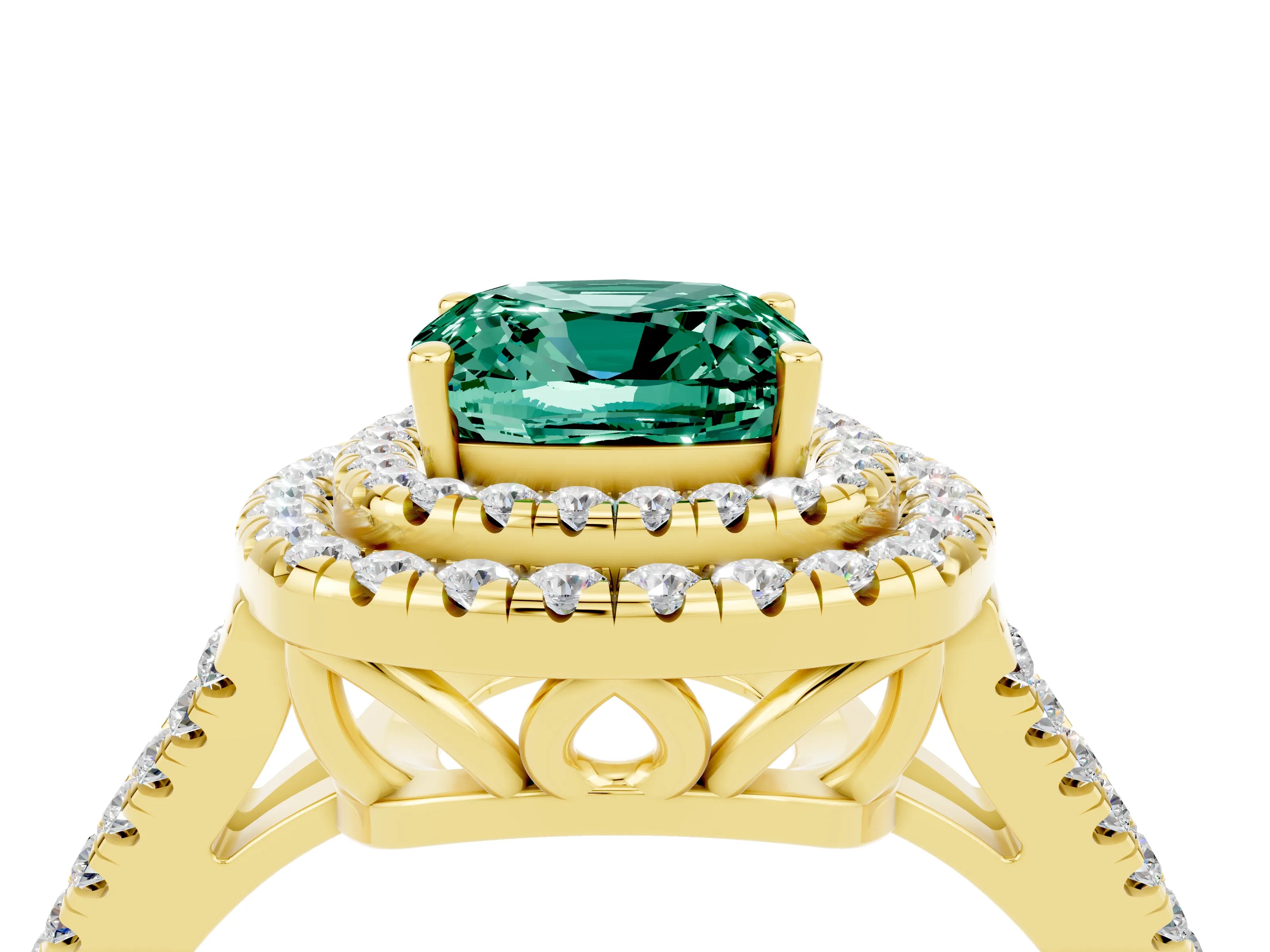 Yellow gold Cushion Cut Green Sapphire Double Halo Ring with Pavé Band and Prong Setting_16