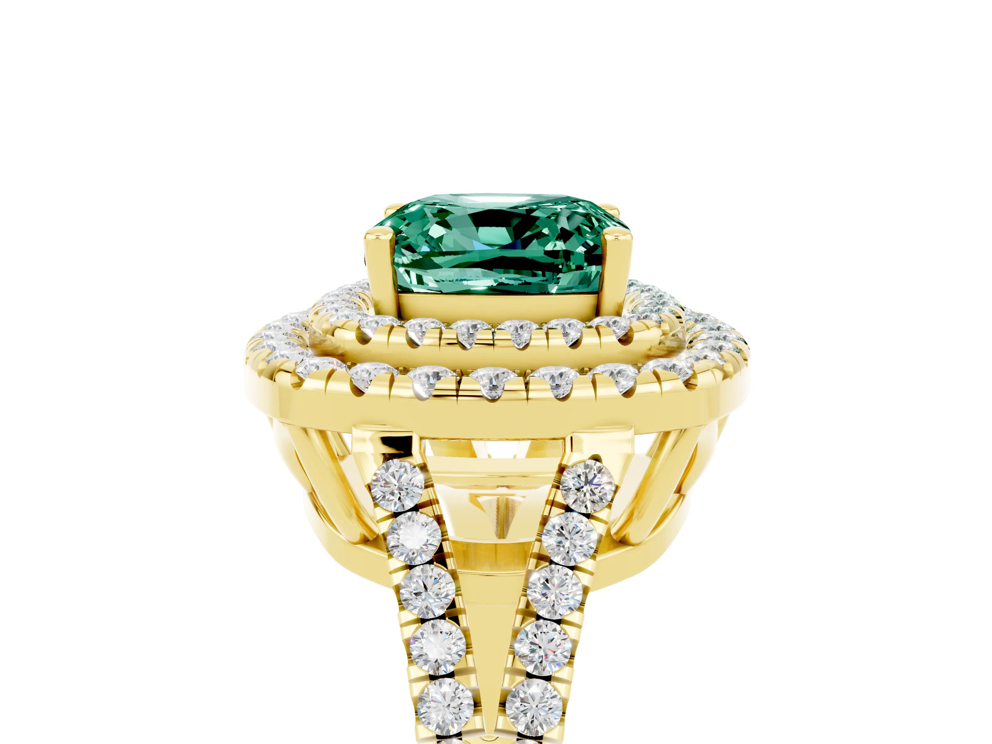 Yellow gold Cushion Cut Green Sapphire Double Halo Ring with Pavé Band and Prong Setting_17
