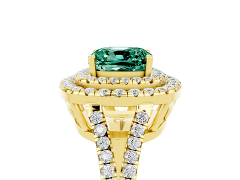 Yellow gold Cushion Cut Green Sapphire Double Halo Ring with Pavé Band and Prong Setting_17