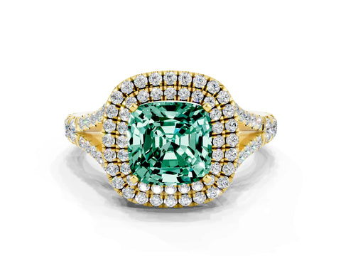 Yellow gold Cushion Cut Green Sapphire Double Halo Ring with Split Shank and Prong Setting_12