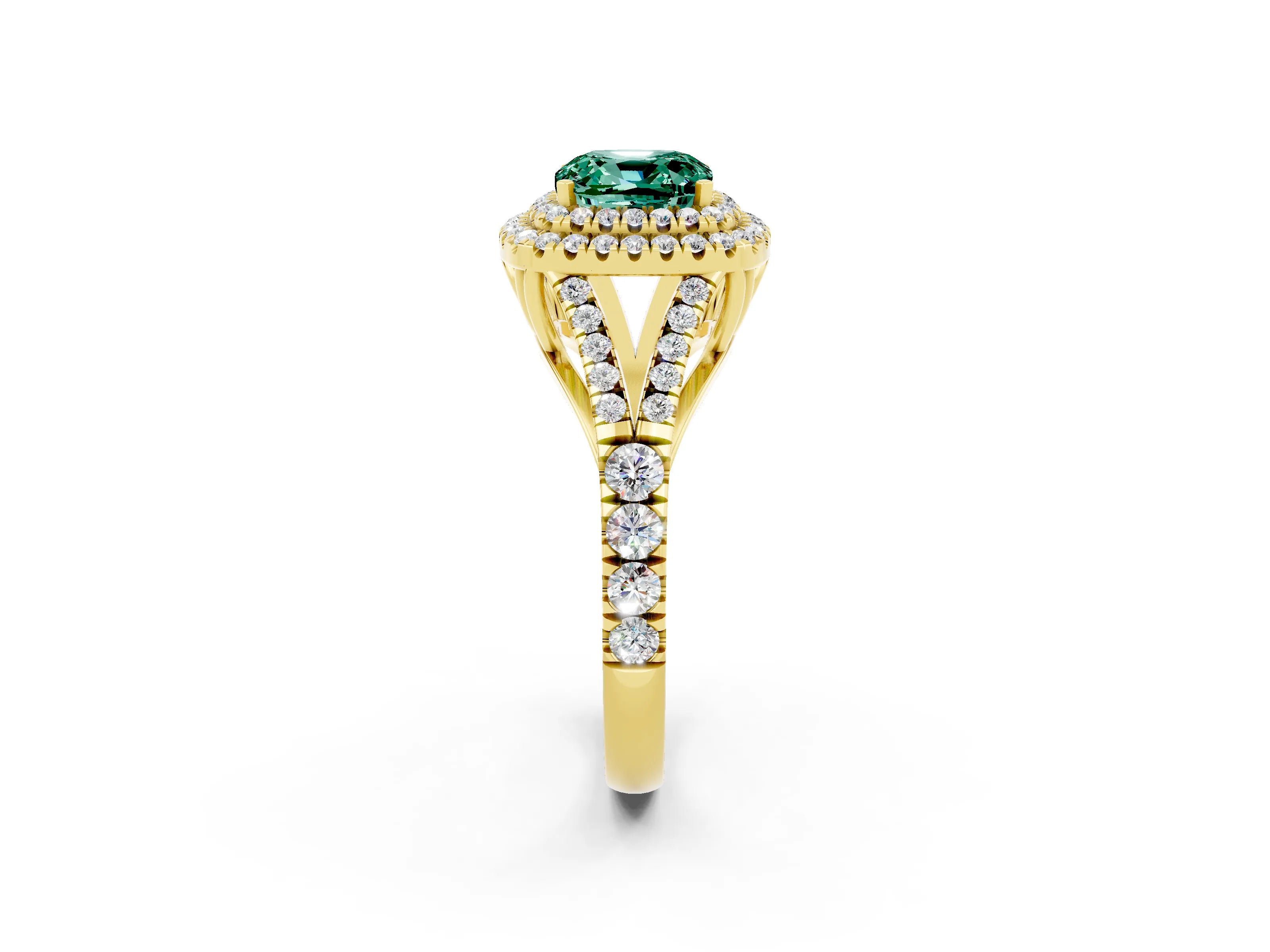 Yellow gold Cushion Cut Green Sapphire Double Halo Ring with Split Shank and Prong Setting_14