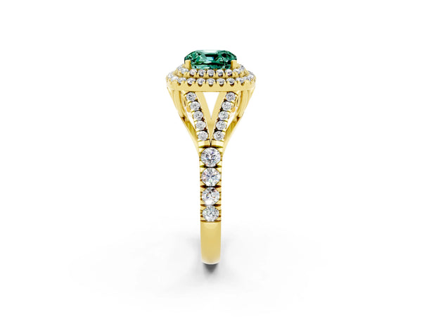 Yellow gold Cushion Cut Green Sapphire Double Halo Ring with Split Shank and Prong Setting