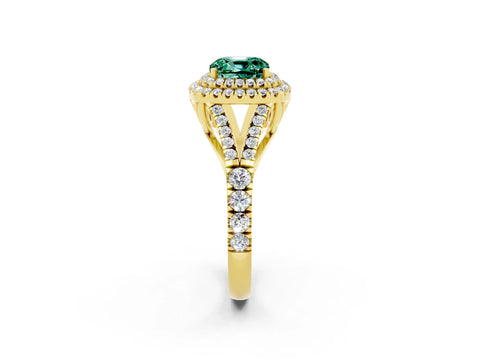 Yellow gold Cushion Cut Green Sapphire Double Halo Ring with Split Shank and Prong Setting_14