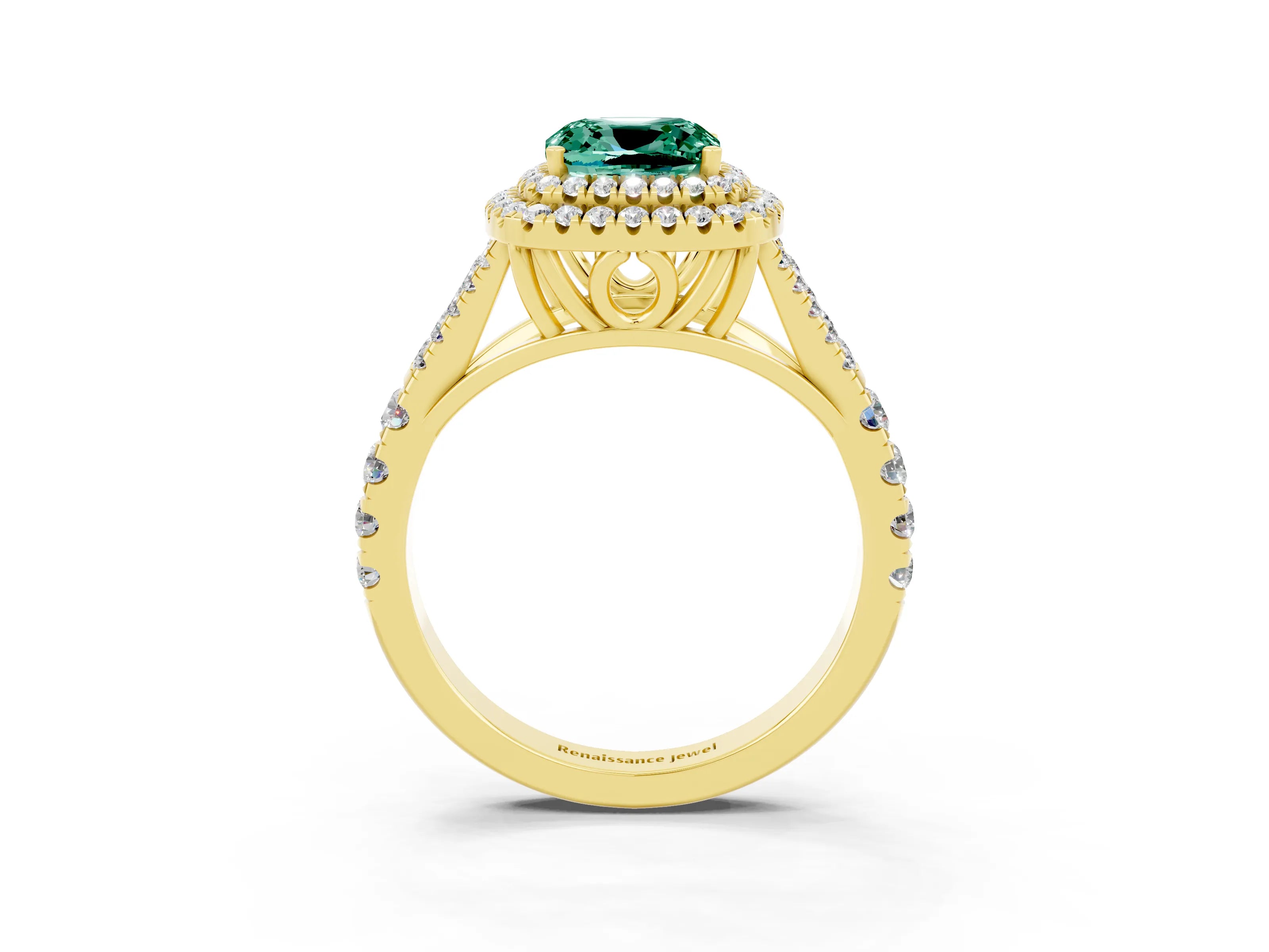 Yellow gold Cushion Cut Green Sapphire Double Halo Ring with Split Shank and Prong Setting_15
