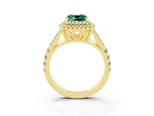 Yellow gold Cushion Cut Green Sapphire Double Halo Ring with Split Shank and Prong Setting