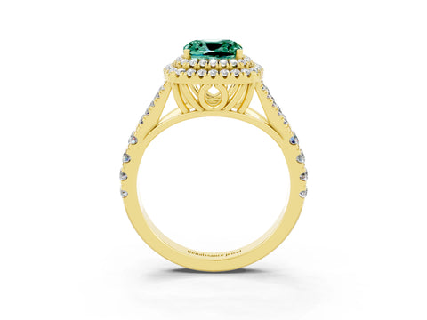 Yellow gold Cushion Cut Green Sapphire Double Halo Ring with Split Shank and Prong Setting_15