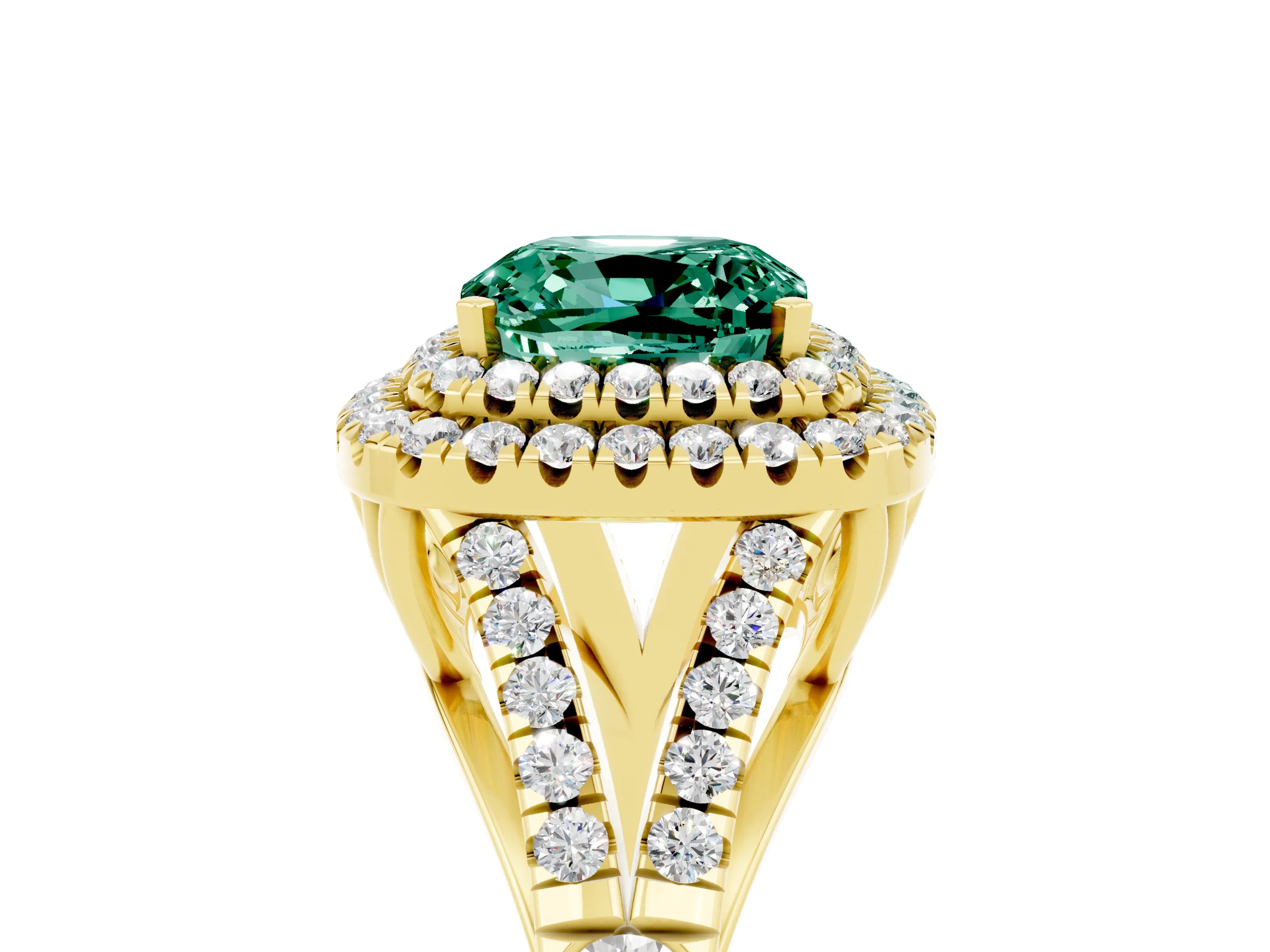 Yellow gold Cushion Cut Green Sapphire Double Halo Ring with Split Shank and Prong Setting_17