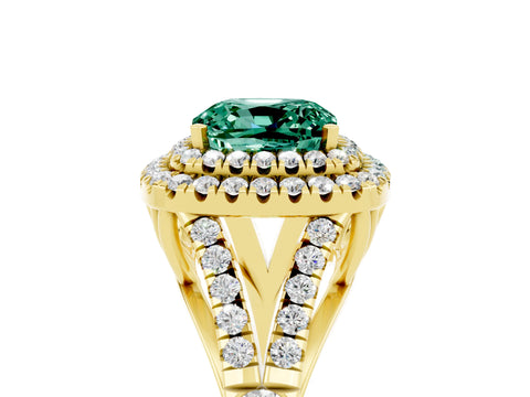 Yellow gold Cushion Cut Green Sapphire Double Halo Ring with Split Shank and Prong Setting_17