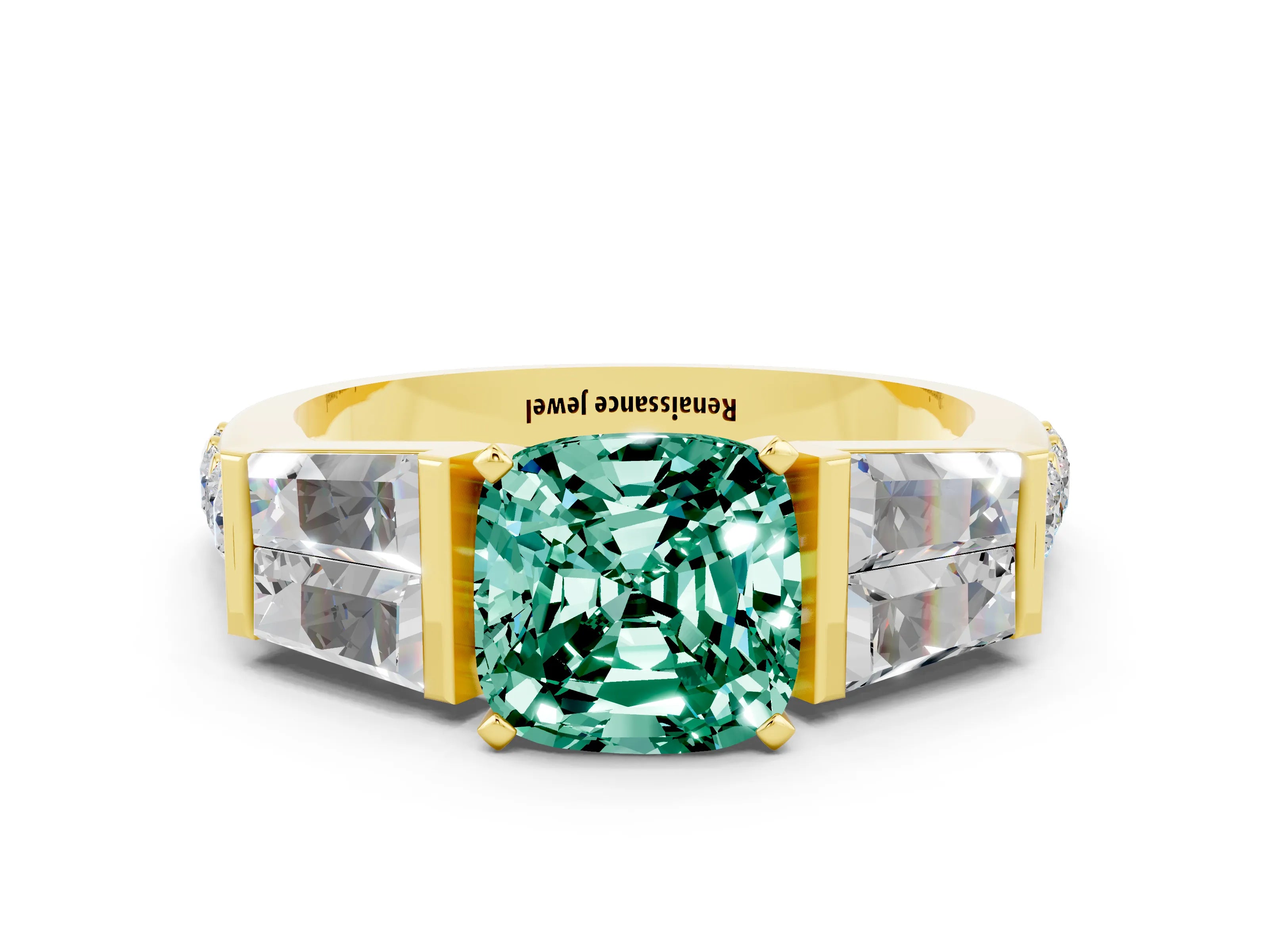 Yellow gold Cushion Cut Green Sapphire Engagement Ring with Baguette Side Stones and Channel Set Band