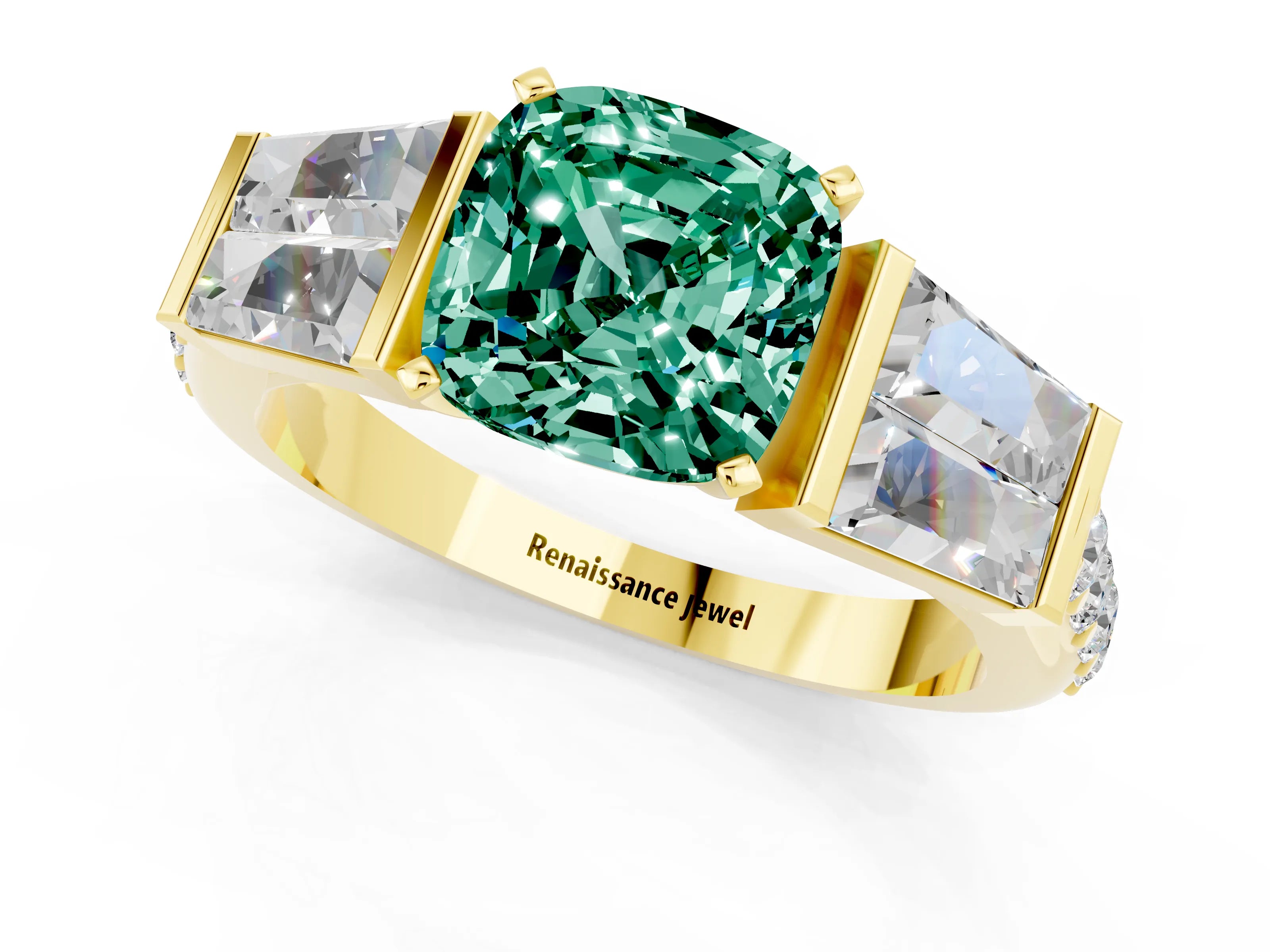 Yellow gold Cushion Cut Green Sapphire Engagement Ring with Baguette Side Stones and Channel Set Band_1