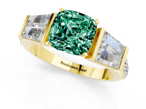 Yellow gold Cushion Cut Green Sapphire Engagement Ring with Baguette Side Stones and Channel Set Band_1