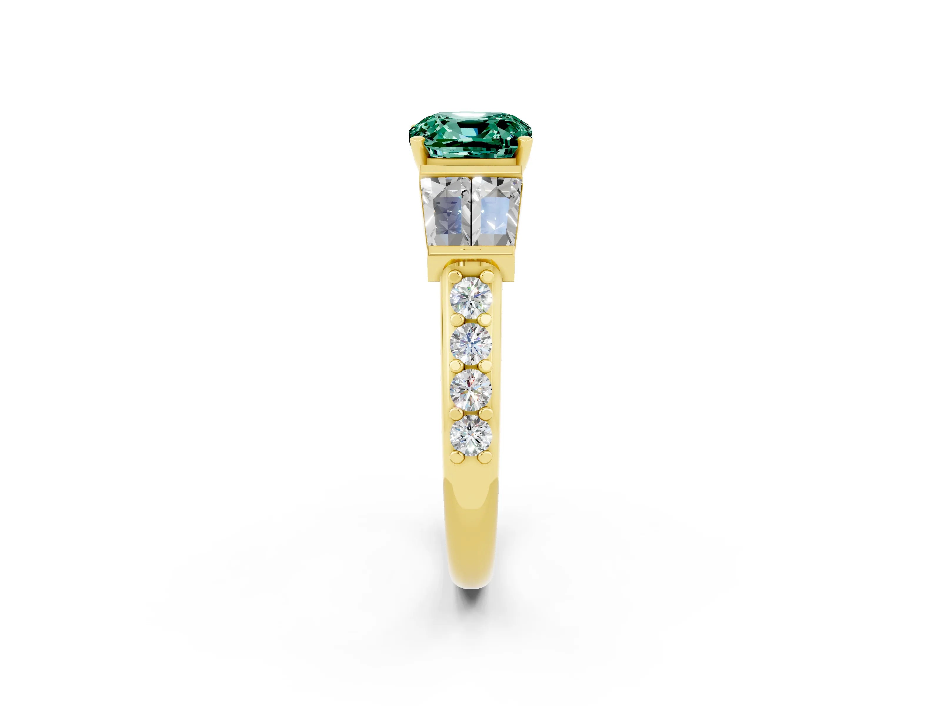 Yellow gold Cushion Cut Green Sapphire Engagement Ring with Baguette Side Stones and Channel Set Band_2