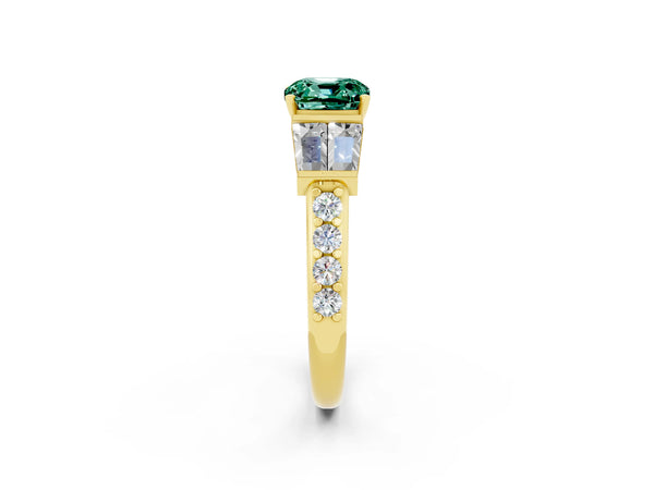 Yellow gold Cushion Cut Green Sapphire Engagement Ring with Baguette Side Stones and Channel Set Band