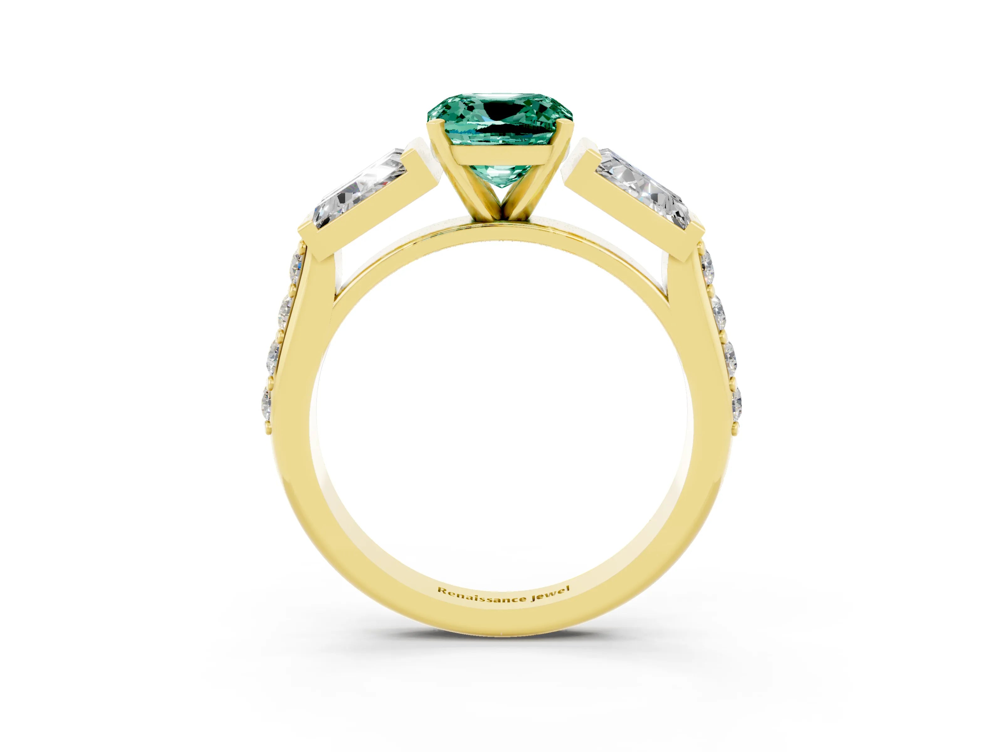 Yellow gold Cushion Cut Green Sapphire Engagement Ring with Baguette Side Stones and Channel Set Band_3