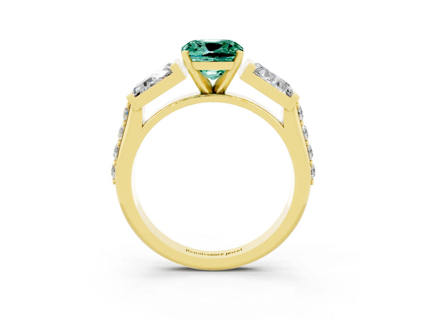 Yellow gold Cushion Cut Green Sapphire Engagement Ring with Baguette Side Stones and Channel Set Band