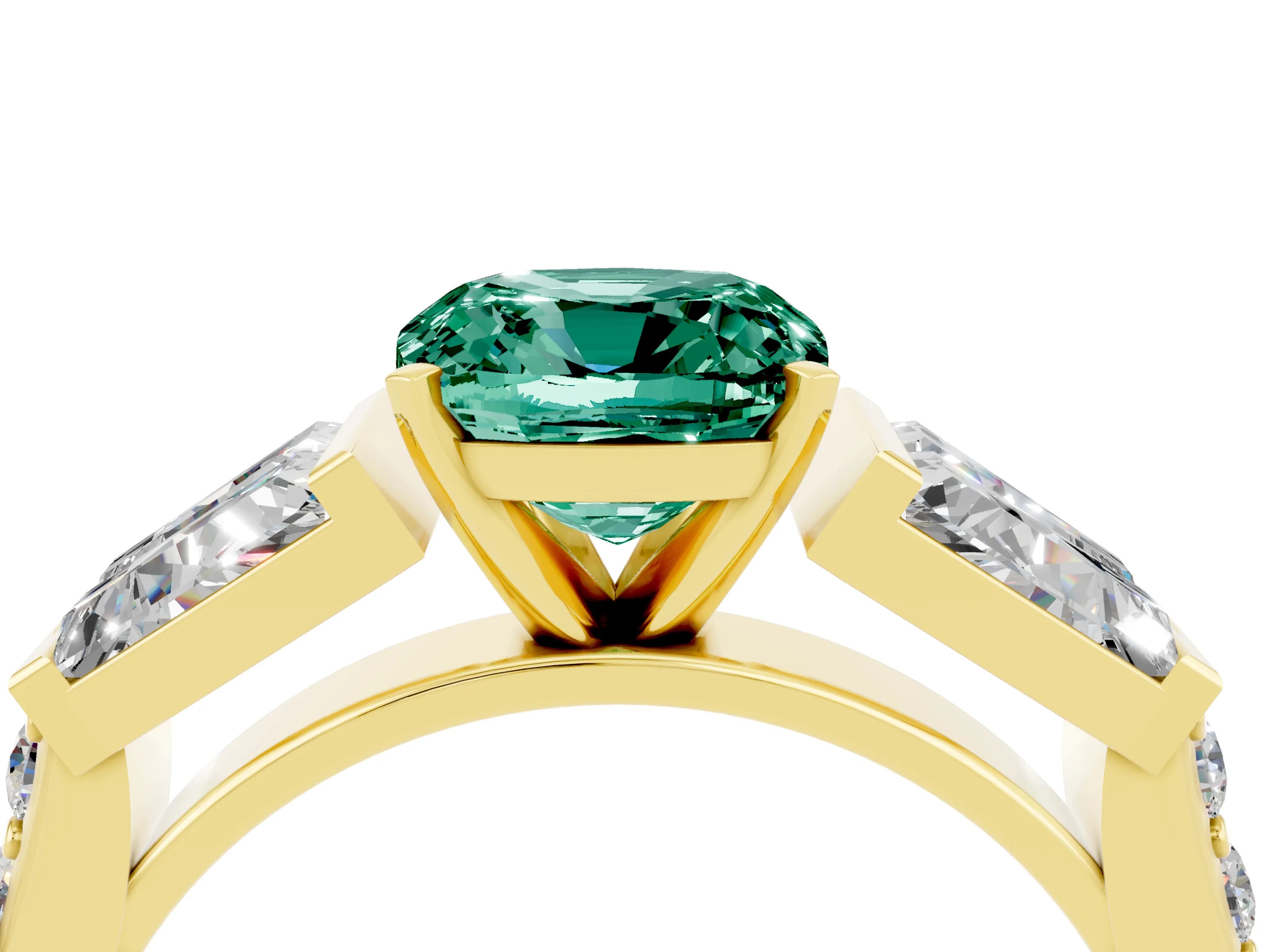 Yellow gold Cushion Cut Green Sapphire Engagement Ring with Baguette Side Stones and Channel Set Band_4