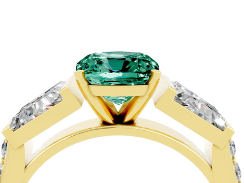 Yellow gold Cushion Cut Green Sapphire Engagement Ring with Baguette Side Stones and Channel Set Band_4