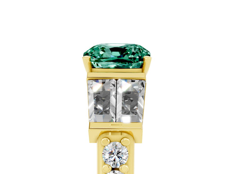 Yellow gold Cushion Cut Green Sapphire Engagement Ring with Baguette Side Stones and Channel Set Band_5