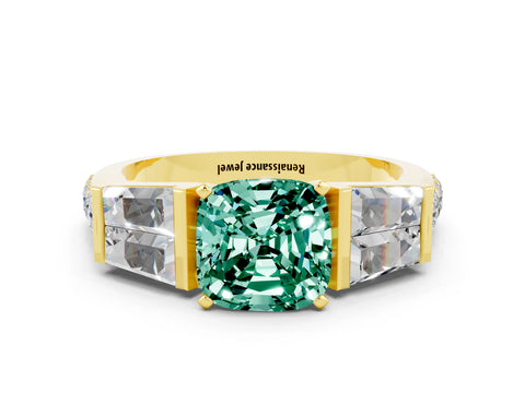 Yellow gold Cushion Cut Green Sapphire Engagement Ring with Baguette Side Stones and Channel Set Band